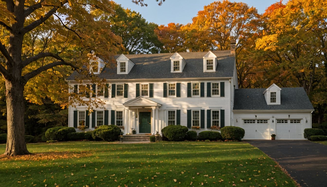 A white center-hall colonial with black shutters on a tree-lined North Shore street in late-afternoon light