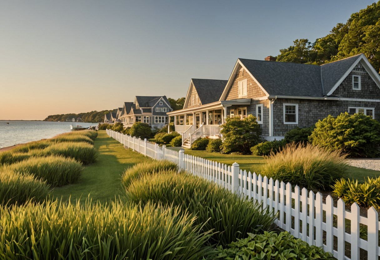 A shingled beach cottage with white trim near the water