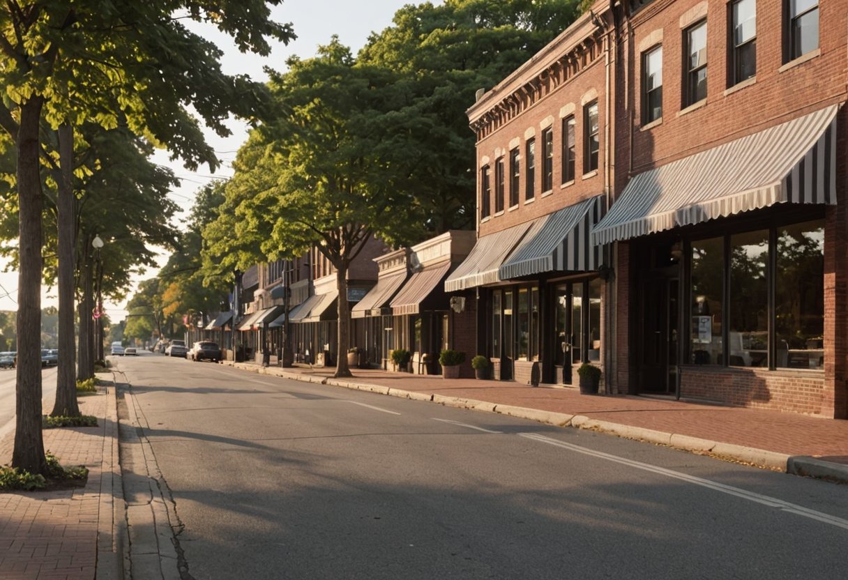 A quiet village main street with brick storefronts and planted sidewalk trees